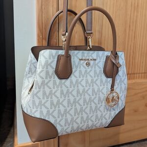 Michael Kors White and Brown Tote Bag with Signature MK Charm